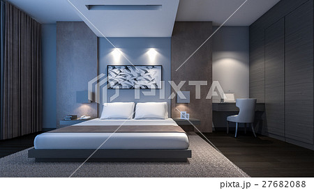 The oriental master bedroom at night / 3D Renderin 27682088