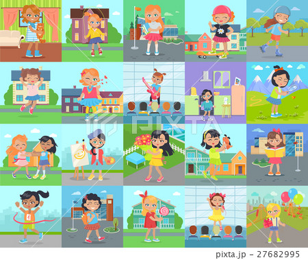 Little Girl Leisure and Hobby Vector Concepts Set Little Girl Leisure and Hobby Vector Concepts Set 27682995