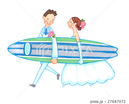 サーフボードを運ぶウェディング姿のカップルのイラスト素材
