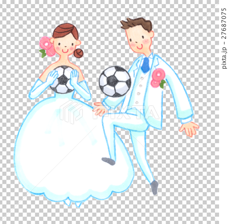 サッカーをするウェディング姿のカップルのイラスト素材