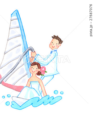 ウィンドサーフィンをするウェディング姿のカップルのイラスト素材