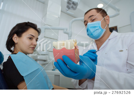Dentist with patient. Dentist showing a model of teeth. Dentist with patient. Dentist showing a model of teeth. 27692526
