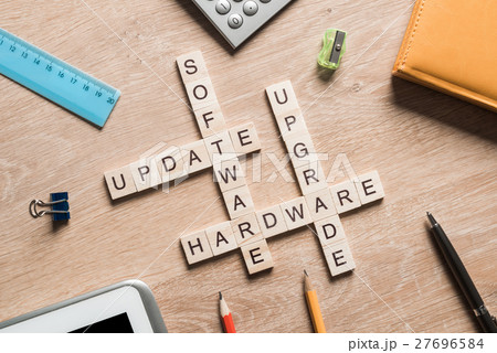 Computer conceptual words collected of game cubes on wooden surface 27696584