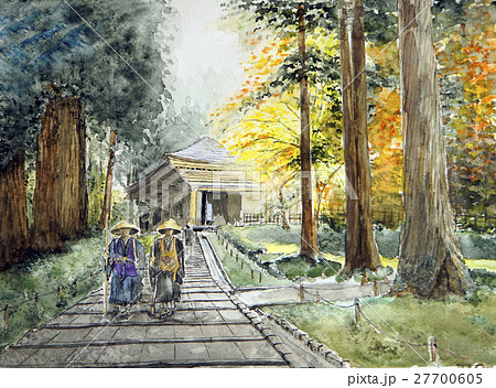 世界遺産　平泉　中尊寺　スケッチ　僧侶　和尚さん　秋　故郷　ふるさと　レトロ　紅葉 27700605