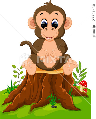 Cartoon happy monkey sitting on tree stump - Stock Illustration [27701430]  - PIXTA