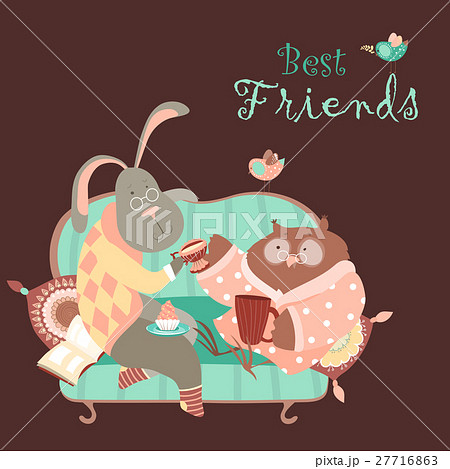 Rabbit and owl drink coffee on the couch Rabbit and owl drink coffee on the couch 27716863