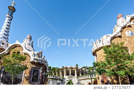 Entrance to the Guell park built by architect Gaudi, Barcelona Spain Entrance to the Guell park built by architect Gaudi, Barcelona Spain 27717077