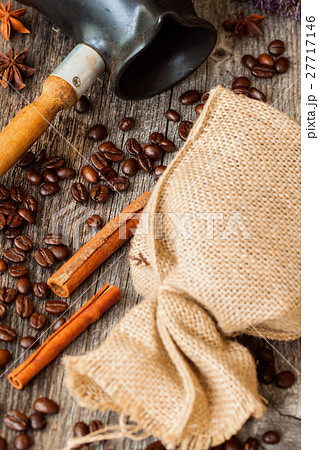 Roasted coffee beans with burlap sac, Cezve, on Roasted coffee beans with burlap sac, Cezve, on 27717146