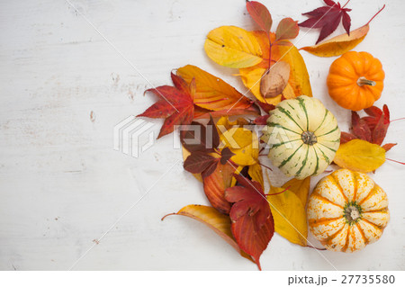 Three gourds on the grey table, autumn leaves 27735580