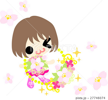 可愛い女の子と桜のネックレスのイラスト素材