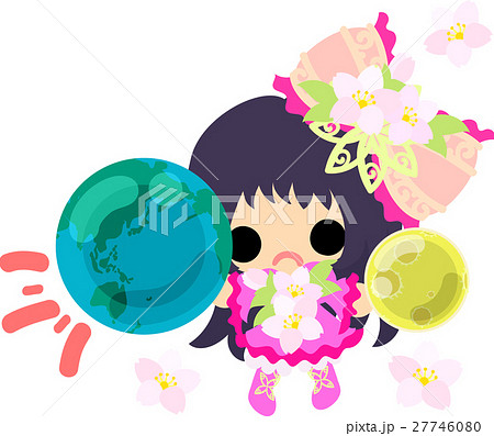 可愛い女の子と地球儀と桜のリボンのイラスト素材