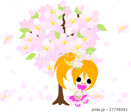 可愛い女の子と美しい桜のイラスト素材