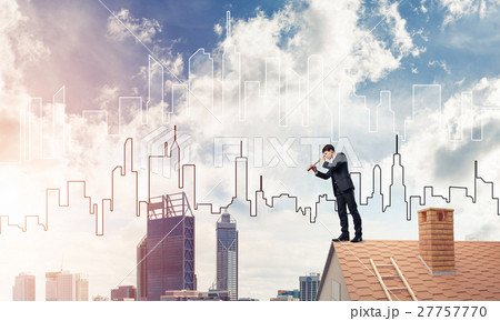 Engineer man standing on roof and looking in spyglass. Mixed med 27757770