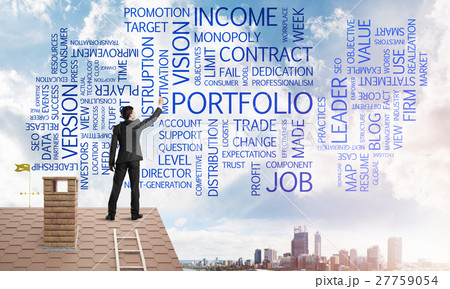 Young businessman standing on house roof and writing leadership skill concept. Mixed media 27759054