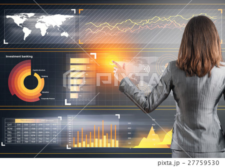 Businesswoman standing with back and pressing icon on media screen Businesswoman standing with back and pressing icon on media screen 27759530