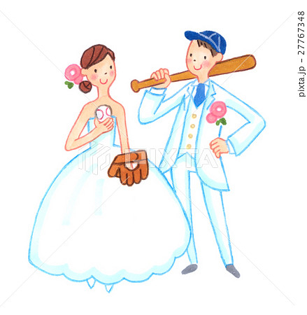 野球をするウェディング姿のカップルのイラスト素材