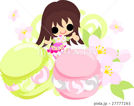 可愛い女の子と桜のマカロンのイラスト素材