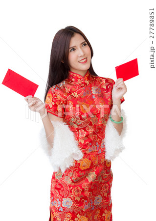 asian woman wearing red dress holding asian woman wearing red dress holding 27789851