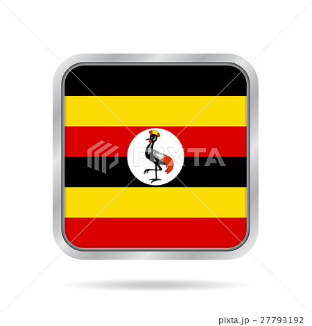 Flag of Uganda. Shiny metallic gray square button.