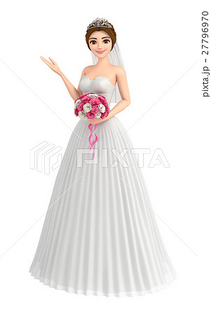 ウエディングドレスを着たかわいい花嫁のイラスト素材
