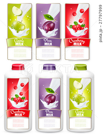 Set of three labels of fruit in milk splashes. 27797999
