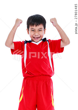 Asian soccer player showing arm up gesture. Asian soccer player showing arm up gesture. 27801485