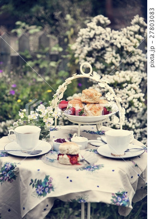 Tea Break Scone Strawberry Jam Garden Outdoors Concept Tea Break Scone Strawberry Jam Garden Outdoors Concept 27803083