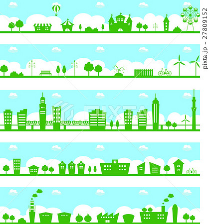 街並み 公園 テーマパーク 工場 セットのイラスト素材