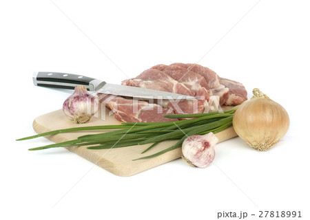raw meat with onion and garlic isolated on white raw meat with onion and garlic isolated on white 27818991