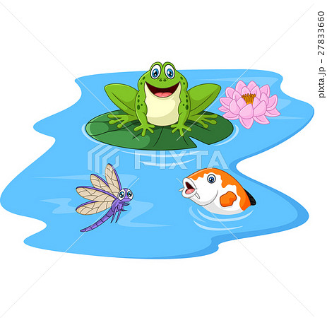 Cute green frog cartoon on a lily pad 27833660