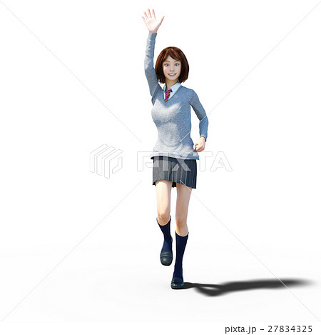 手を上げて走る制服の女子学生 Perming 3dcg イラスト素材のイラスト素材