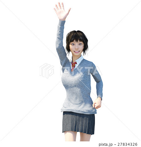 手を上げて走る制服の女子学生 Perming 3dcg イラスト素材のイラスト素材