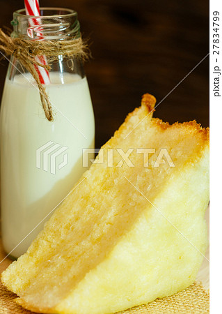 Milk and bread on wood plate and wood background 27834799