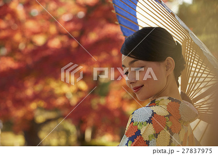 鮮やかな紅葉と着物の女性 ポートレート 鮮やかな紅葉と着物の女性 ポートレート 27837975