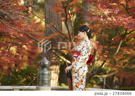 鮮やかな紅葉と着物の女性　ポートレート 27838066