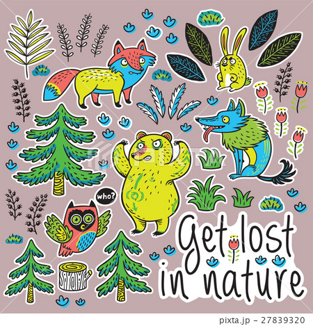 Hand drawn sticker set with cartoon animals and 27839320