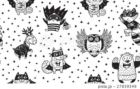 Seamless pattern with Superhero animals. Ink 27839349