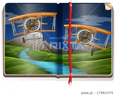 Book with scene of planes flying over river 27861479
