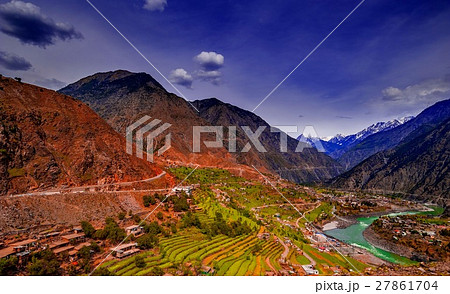 aerial view to Indus river and valley, Karakoram,  27861704