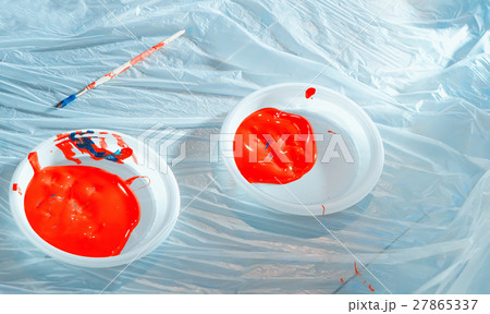 Red Paint In Plastic Plates 27865337