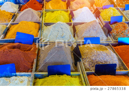 Colored spices at market in Reims, France 27865338