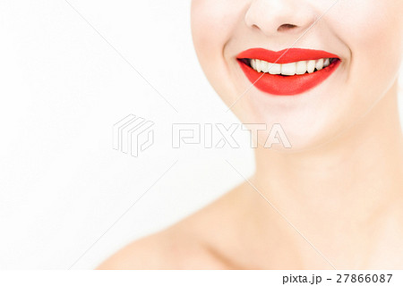 Close-up smile. Red lipstick. Space for text 27866087