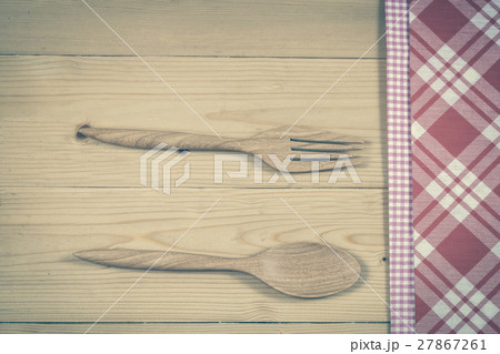 Color tablecloth, spoon, fork on  table background 27867261