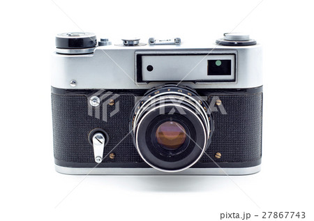Old vintage film photographic camera on white. 27867743