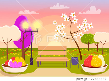 Spring Scenery. Urban Park with Bench, Flower Beds 27868685