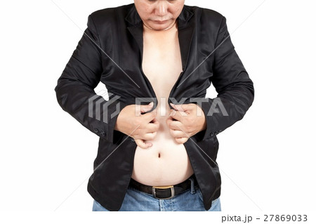 Asian fat man trying to button his suits. Asian fat man trying to button his suits. 27869033