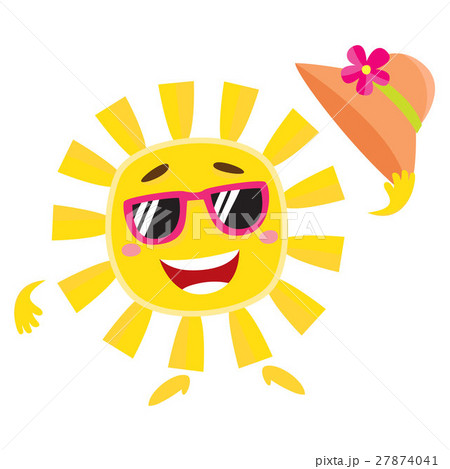 Summer sun character in sunglasses holding straw 27874041