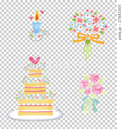 手書きウェディング素材セット キャンドル ブーケ ウェディングケーキ のイラスト素材