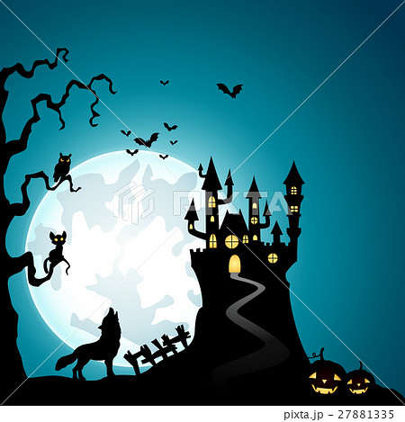 Halloween night background with wolves and haunted 27881335