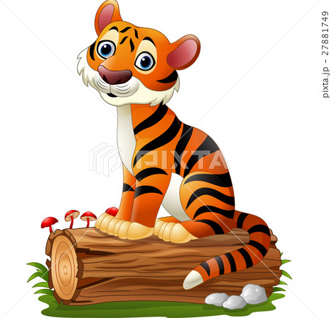 Cartoon tiger sitting on tree log Cartoon tiger sitting on tree log 27881749